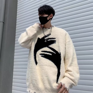 潮美式圆领毛衣男女秋冬季慵懒风情侣装潮牌宽松针织衫上衣图片