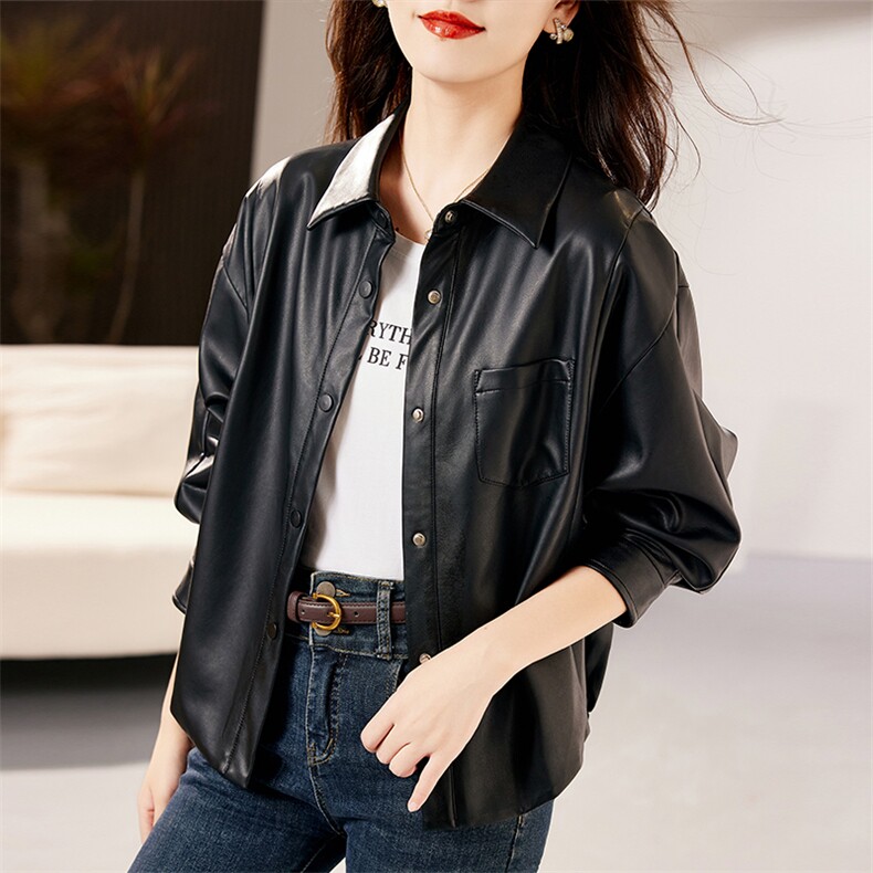 时尚百搭黑色皮衣外套女秋冬季新款宽松显瘦长袖短款机车服上衣,女装皮衣,笃写