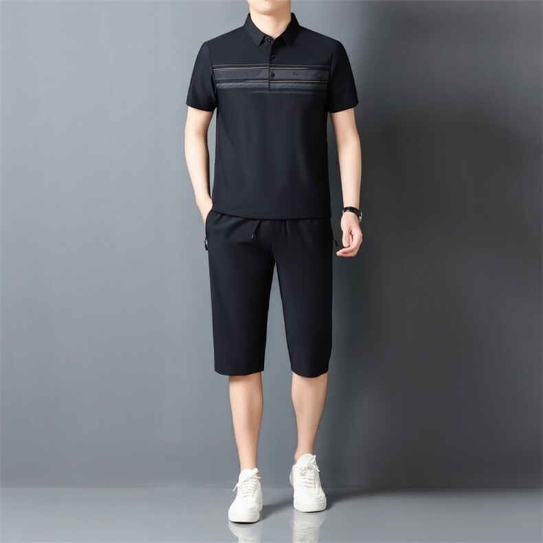 夏季男士短袖短裤套装POLO衫凉感透气翻领简约爸爸休闲冰丝套装,男装牛仔裤,钱塘6003（原4033）