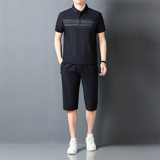 夏季男士短袖短裤套装POLO衫凉感透气翻领简约爸爸休闲冰丝套装，男装牛仔裤，钱塘6003（原4033）