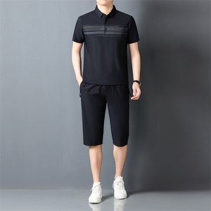 夏季男士短袖短裤套装POLO衫凉感透气翻领简约爸爸休闲冰丝套装图片
