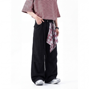 美式复古格子方巾拼接牛仔裤女街头宽松褶皱设计感裤子潮A160-P65图片