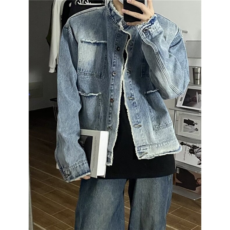 美式复古牛仔外套春秋新款设计感小众宽松百搭夹克上衣，男装工装外套，星座506A