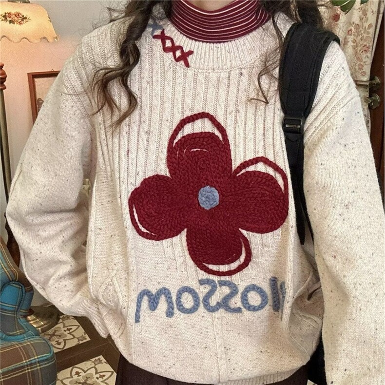 韩系卡通刺绣图案彩点毛衣女2026春秋情侣百搭软糯针织衫短款上衣,男装针织衫/毛衣,星座506A
