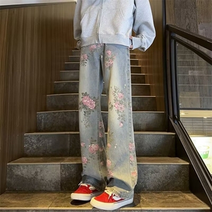 美式潮牌休闲牛仔长裤中古风花卉印花水洗阔腿牛仔裤潮流新款秋季图片