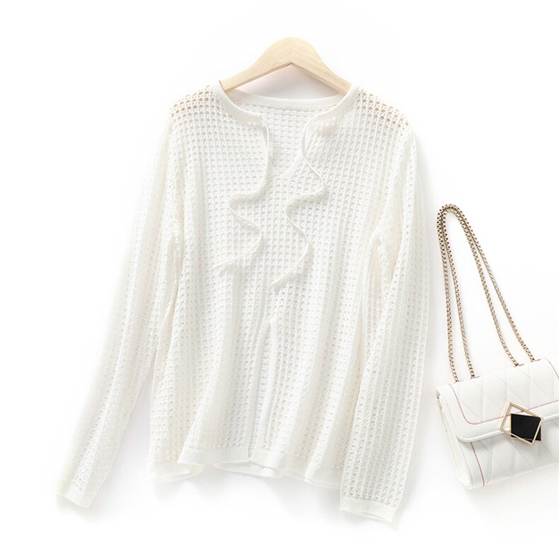 零柬缚感轻盈舒适时尚百搭挑空方块罩衫长袖女款，女装蕾丝衫/雪纺衫，北娇羊绒