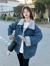 美式蓝色羊羔毛领牛仔外套女2025冬季新款高级感休闲宽松夹克上衣，女装羽绒服，艾米莉亚