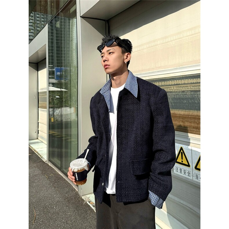 LINYILUCK/小众设计假两件拼接翻领小香风外套男痞帅休闲短款夹克,男装夹克,星座715-4