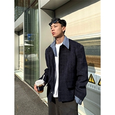 LINYILUCK/小众设计假两件拼接翻领小香风外套男痞帅休闲短款夹克，男装夹克，星座715-4