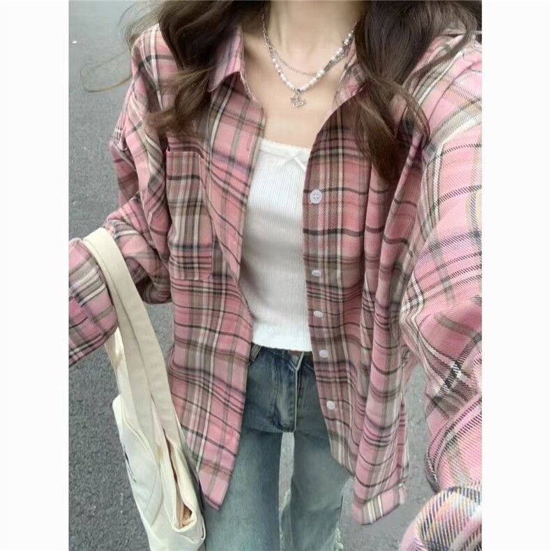 新款春秋粉色美式复古防晒格子衬衫女秋韩系宽松款遮显瘦开衫图片