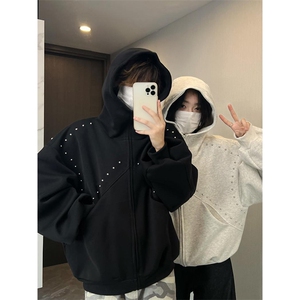 抖音得物高品质二开26春装美式高街铆钉拼接纯色开衫卫衣外套W122图片
