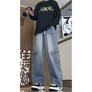 牛仔裤男水洗拉链秋季新款美式潮牌复古阔腿长裤子-A1153TP55控79图片