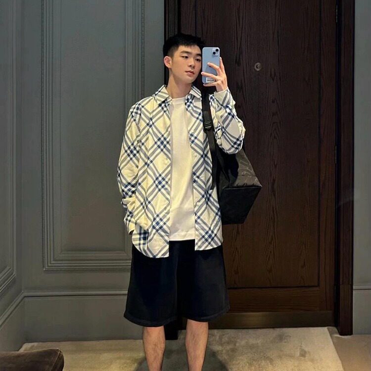 早秋新款法式蓝白格纹长袖衬衫男女同款轻奢高级感潮牌衬衣外套潮,男装衬衫,星座218-1（原230）
