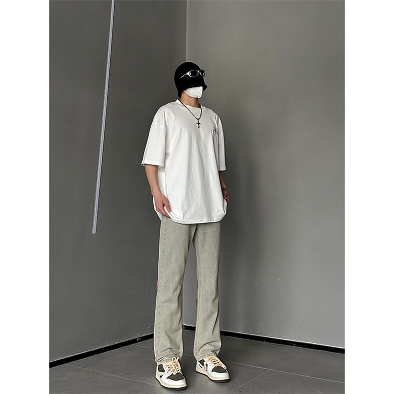 B221美式ins高街暗黑小众情侣毛巾绣直筒牛仔裤LK23021-P65控88,男装牛仔裤,电商B221
