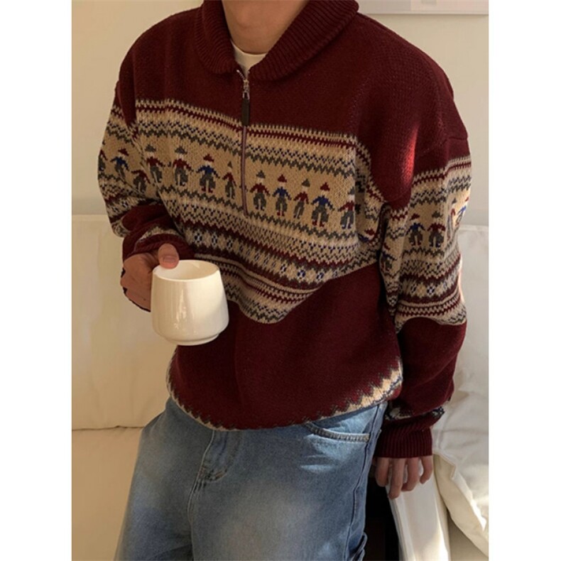 复古费尔岛提花拉链POLO领毛衣新年圣诞红翻领针织衫M2354,男装针织衫/毛衣,星座1116A（原606A-3）