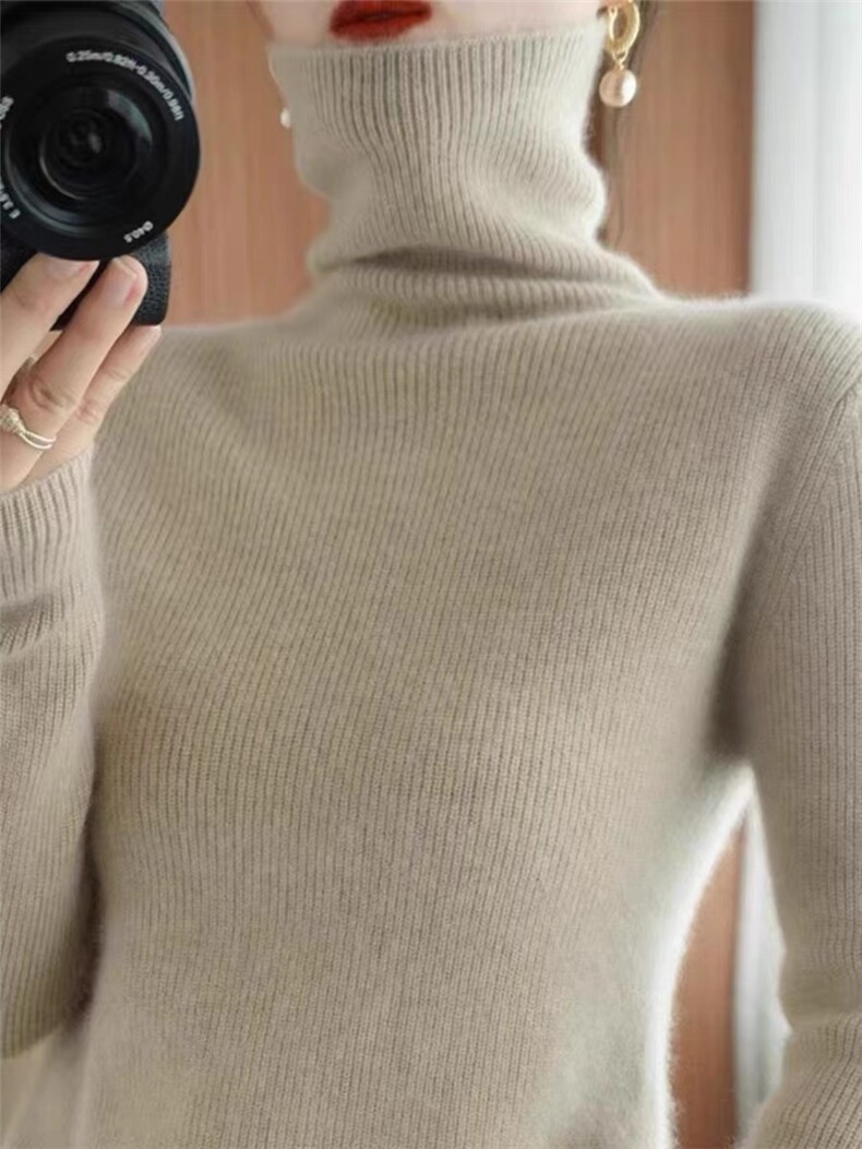 24新款高领100羊毛衫女宽松慵懒纯色针织毛衣加厚显瘦上衣，女装羊毛衫，鸿陌羊绒