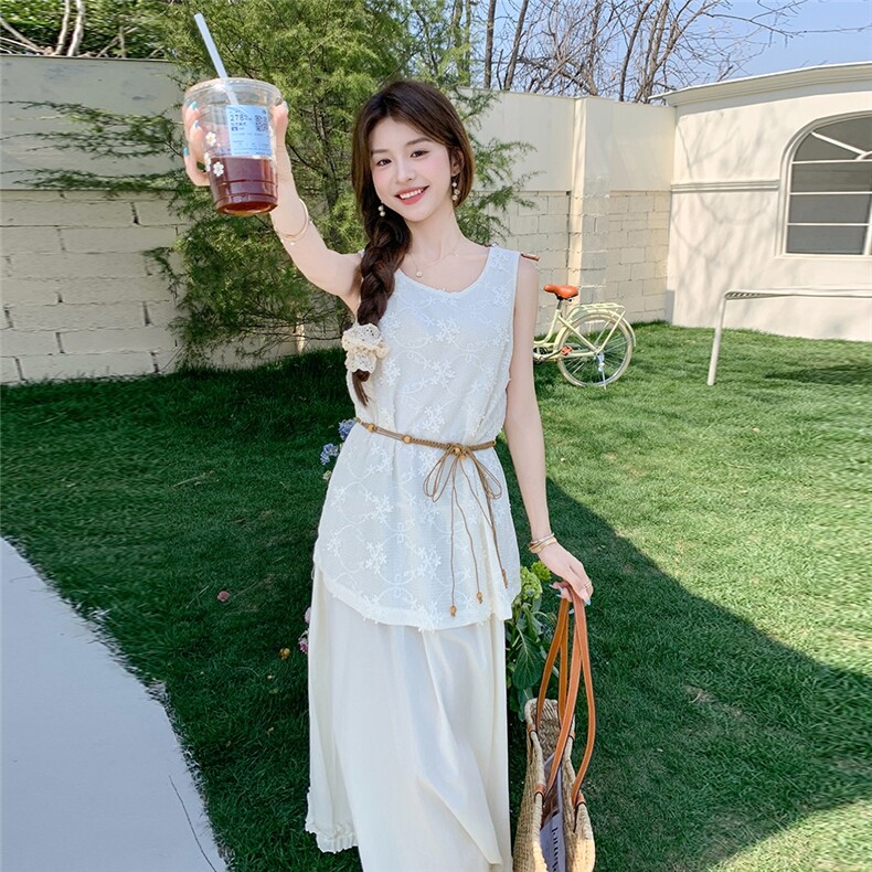 白色假两件刺绣花边连衣裙2025新款女春夏小香风流行高级感背心裙,女装连衣裙,2C159