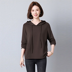 2025年秋季宽松型针织常规长袖纯色套头卫衣长袖T恤，女装T恤，秋牧寒烟