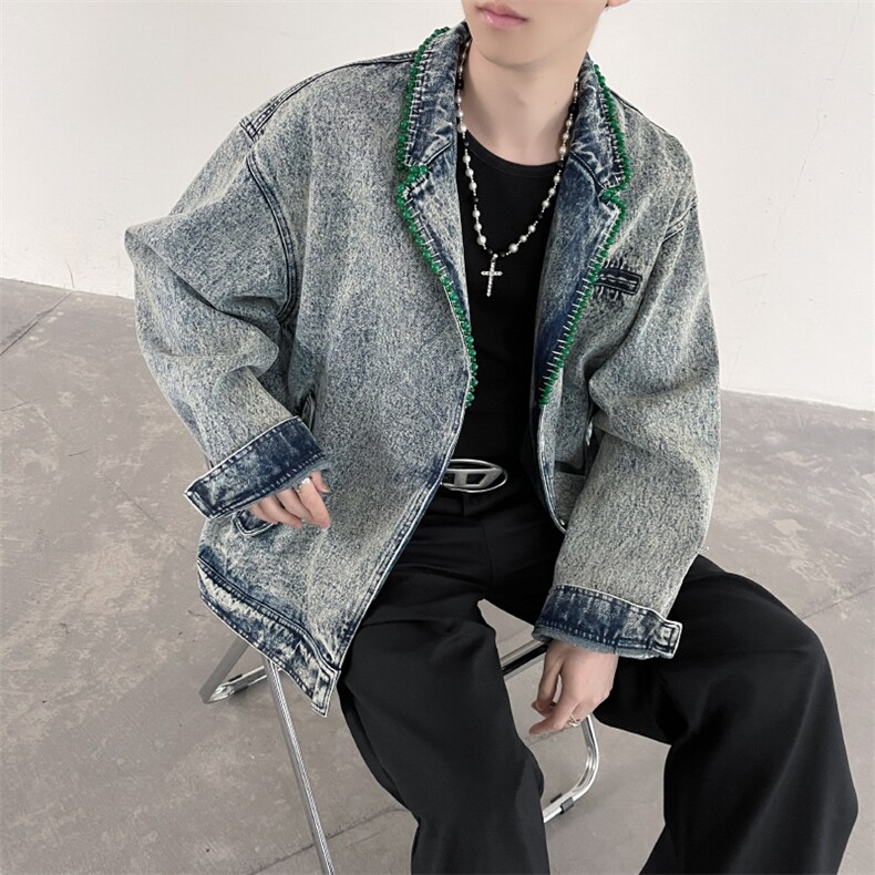 手工钉珠装饰西装领牛仔外套男韩系宽松廓形夹克JK009P138图片