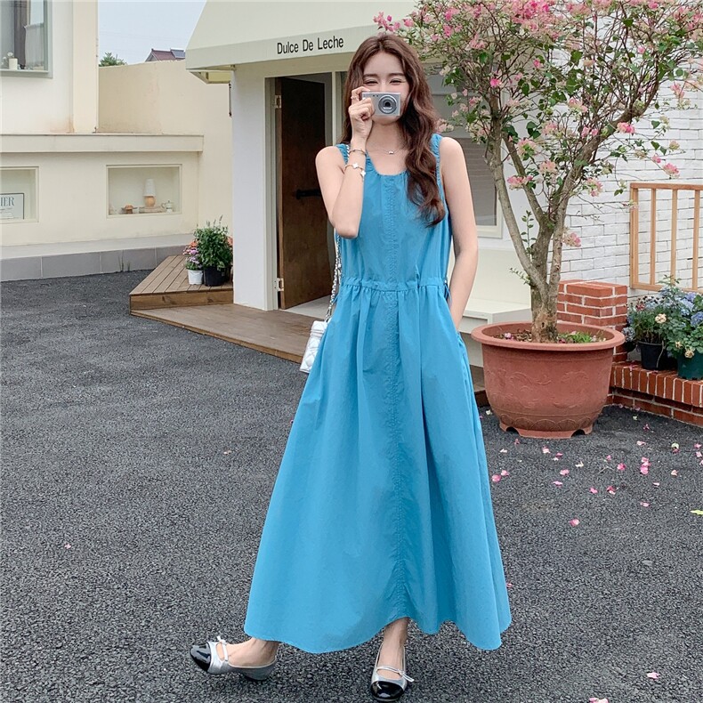 蓝色无袖连衣裙女夏2025新款今年流行度假风法式高级感仙女长裙,女装连衣裙,2C232