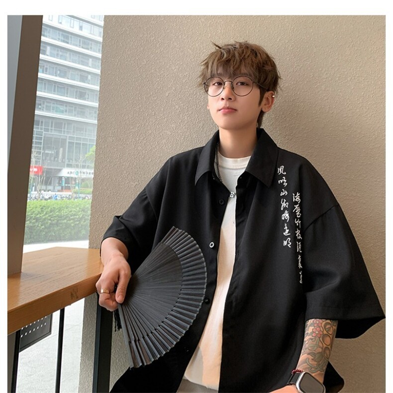 文字印花冰丝短袖衬衫男夏季风衬衣男装新中式上衣A9255-P36,男装T恤,星座208-5