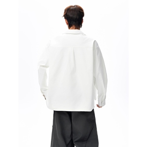 春季潮牌翻领格子拼接假两件套头长袖衬衫男时尚潮流百搭宽松上衣图片