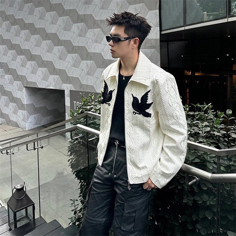 网络图现货玄鸟刺绣提花拉链翻领白色夹克休闲外套R689-P65,男装夹克,星座1005-4