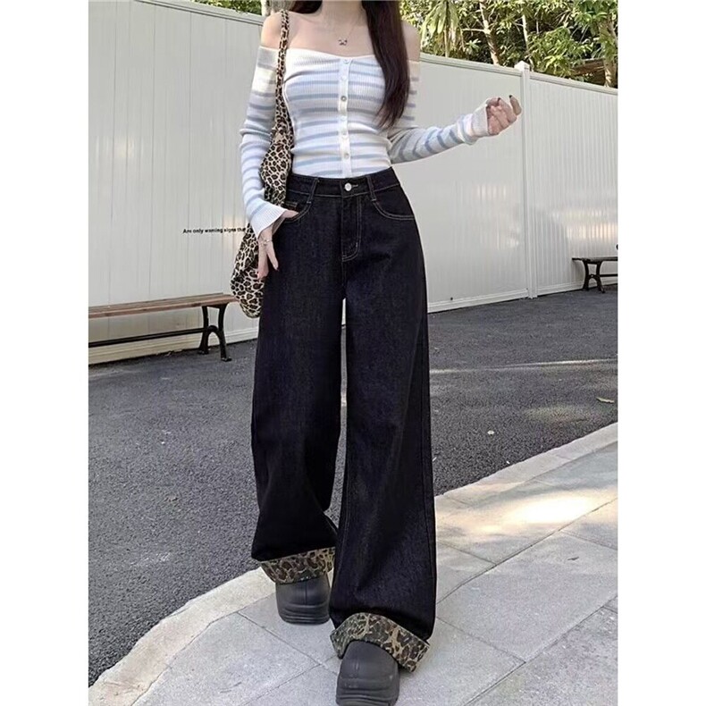 慵懒松弛感豹纹拼接卷边牛仔裤男女新款高腰直筒拖地阔腿裤NK117,男装牛仔裤,星座1116A（原606A-3）