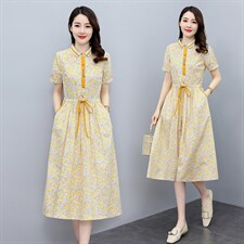 小清新碎花纯棉连衣裙女2026新款夏装收腰修身气质中长款减龄裙子，女装连衣裙，倪叶myz