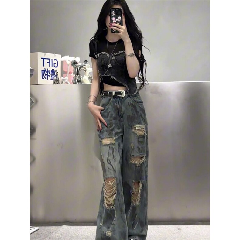 AK1870-P50美式新款垂感直筒废土风破洞牛仔裤,女装休闲裤,星座617A-2