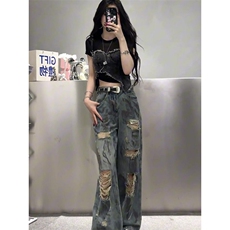 AK1870-P50美式新款垂感直筒废土风破洞牛仔裤，女装休闲裤，星座617A-2