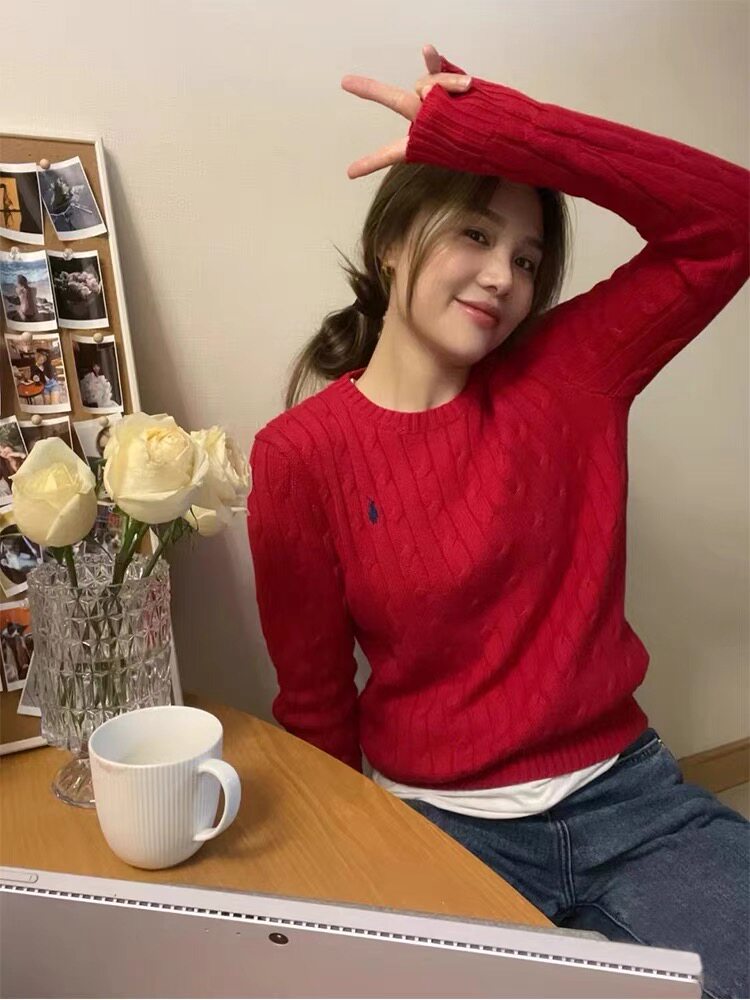 女士秋冬季时尚百搭小马刺绣重工麻花圆领针织衫,针织衫/毛衣,美莎羊绒