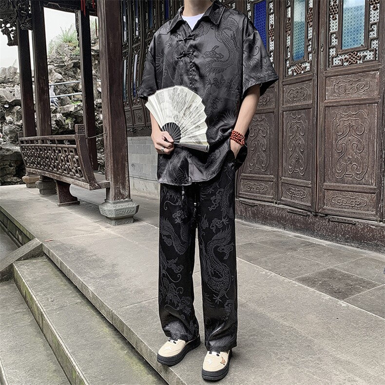 风夏男套装男龙纹衬衫短袖衬衫长裤唐装TZ60 P70图片