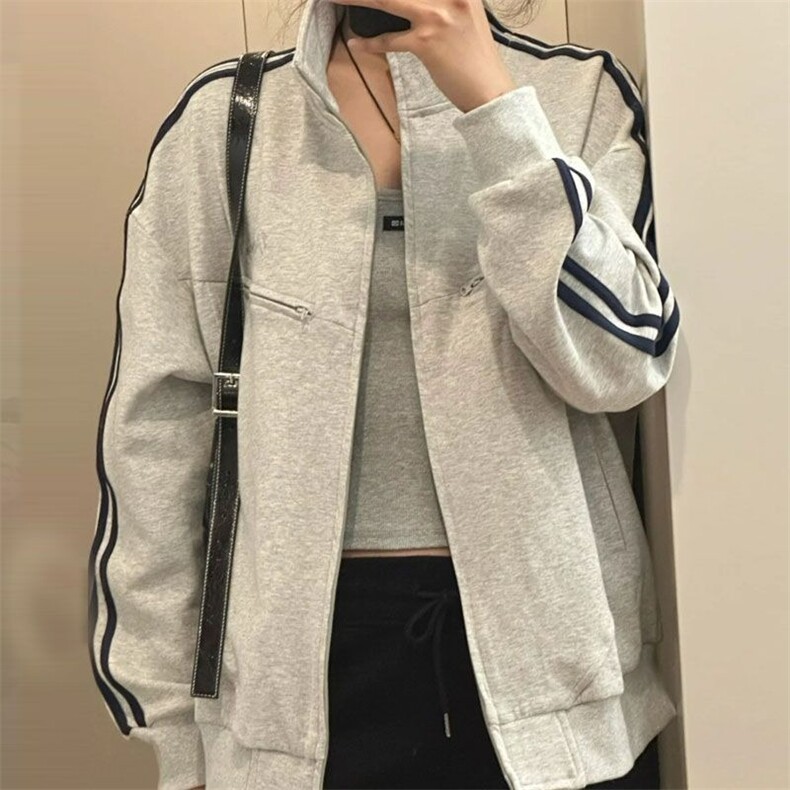 美式复古条纹卫衣外套潮牌宽松百搭立领外套JK662-P55,女装短外套,星座208-5