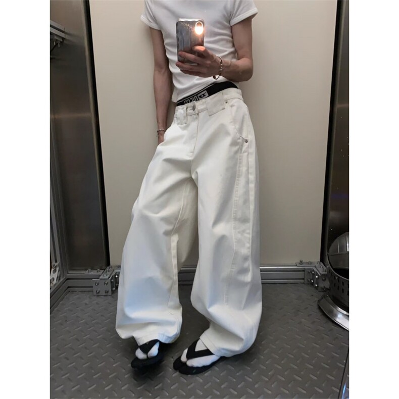 白色牛仔直筒裤女秋季2025新款高腰宽松窄版阔腿女裤春秋弯刀长裤,男装牛仔裤,星座506A