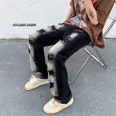 B221美式ins高街暗黑小众毛边破洞直筒牛仔裤LK23107-P65控88，男装牛仔裤，电商B221