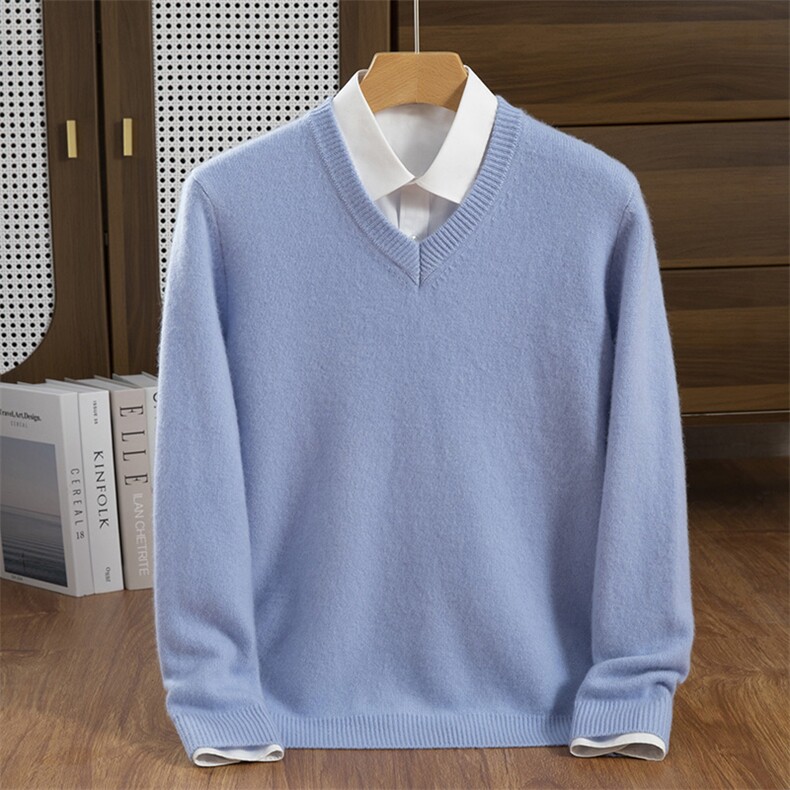 秋冬季35%羊绒休闲商务百搭7针加厚V领羊绒衫男装，男装羊绒套衫，隆格羊绒