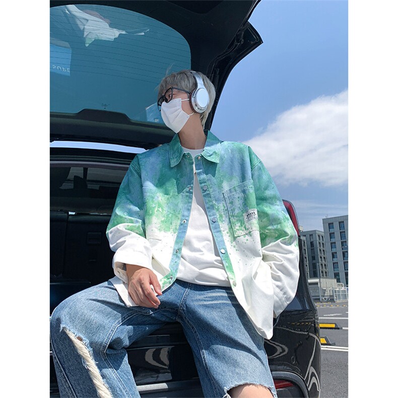 扎染衬衫男生夏季薄款美式复古小众设计感中性风简约长袖衬衣外套图片