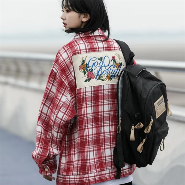 2024年春秋经典款花卉刺绣格子外套男女复古风宽松衬衣衬衫图片