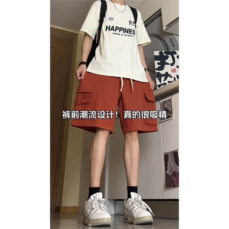 美式黑色工装短裤男夏季潮牌跑步篮球运动裤子大口袋过膝五分中裤图片