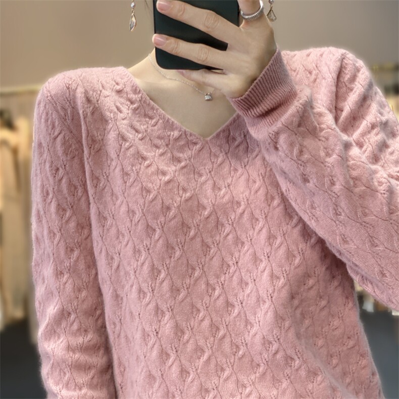 时尚洋气勾花镂空V领打底衫女秋冬季宽松套头羊毛针织衫,女装羊毛衫,奢优羊绒