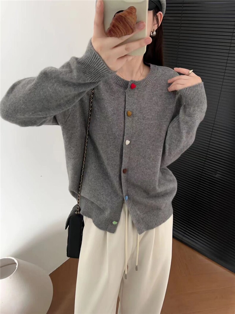 时尚百搭爱心扣羊毛针织开衫女宽松显瘦休闲简约外套,女装羊毛衫,暖烁羊绒
