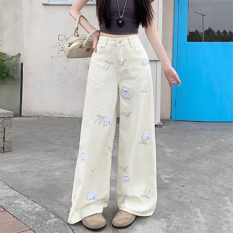 AK2189-P62复古甜酷休闲感！2026夏季白色小熊贴绣牛仔长裤,女装休闲裤,星座617A-2