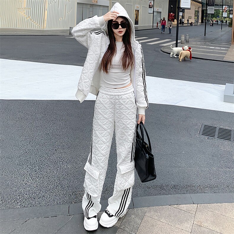 女春菱形格高级感连帽卫衣直筒裤套装,女装套装/套裙,江南