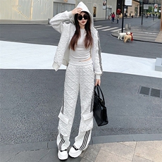 女春菱形格高级感连帽卫衣直筒裤套装，女装套装/套裙，江南