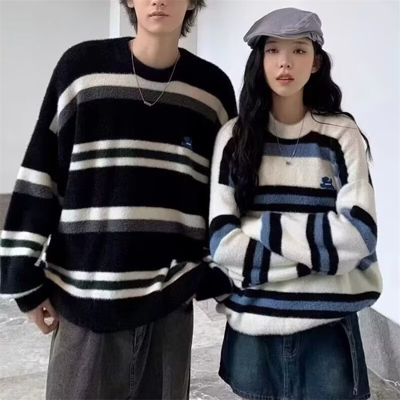 男女装可爱小狗撞色条纹仿马海毛毛衣秋季新款保暖毛线衣潮流原宿图片