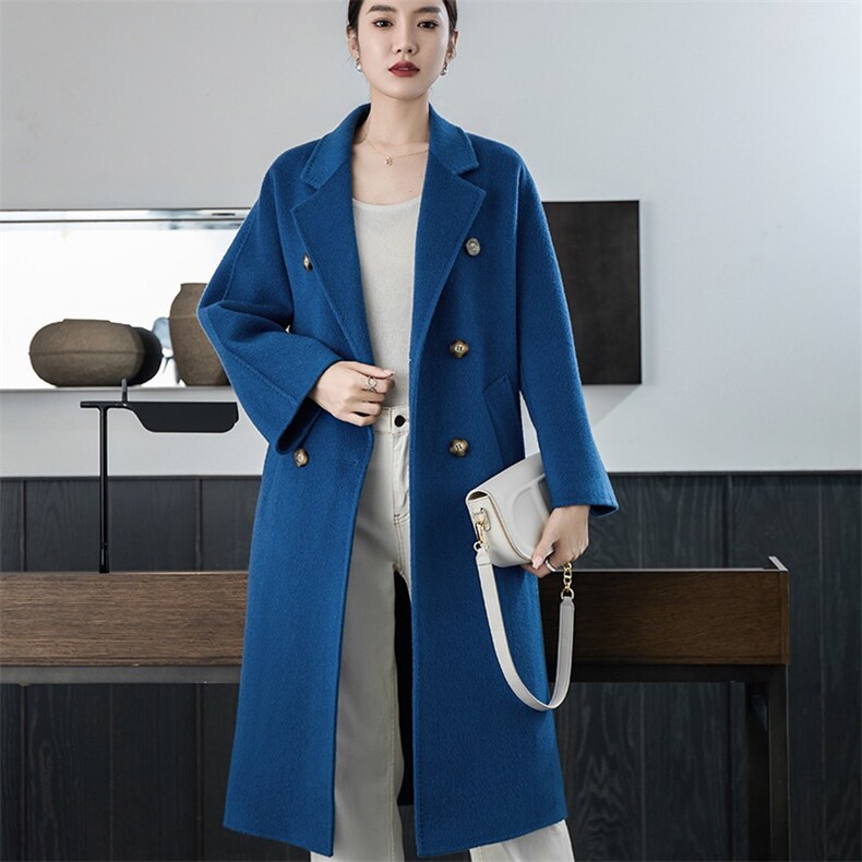 2024经典款801驼色羊毛双排扣大衣女秋冬中长款毛呢外套,女装双面呢大衣,爱绒人羊绒大衣工厂店