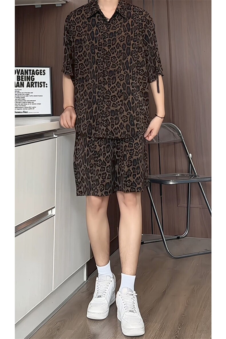 豹纹短袖衬衫男短裤男套装男M-5XL大码TZ78703P50控98立体白底图,男装牛仔裤,星座226-1