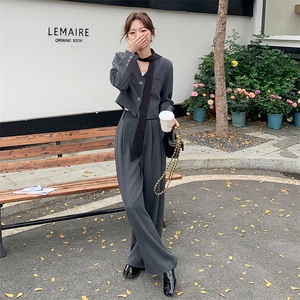 韩系高级感穿搭一整套装女2025新款春季飘带西装外套阔腿裤两件套图片