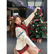 费尔岛提花圣诞节氛围感圆领套头毛衣女韩系甜美软糯针织衫上衣潮，男装针织衫/毛衣，星座506A